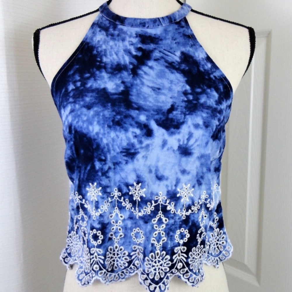 Kendall & Kylie Blue Tie Dye Lace Halter Top